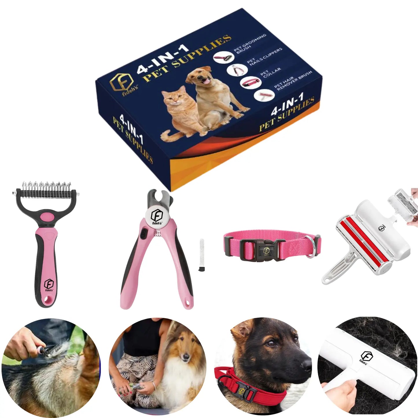 FIDEH 4-in-1 Pet Grooming Set: Reusable Hair Remover, Double-Sided Shedding Brush, Nail Clippers & Nylon Collar for Medium Dogs - Pink