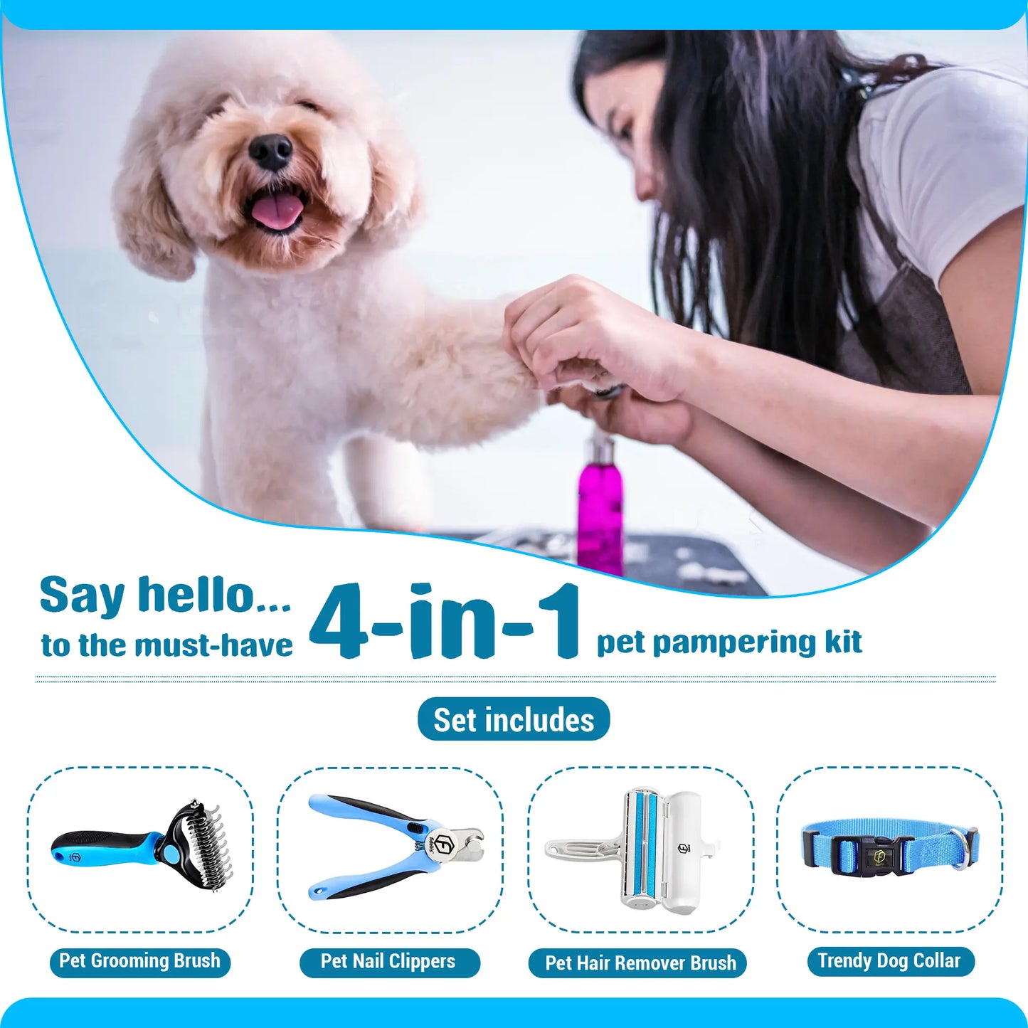 FIDEH 4-in-1 Pet Grooming Set: Reusable Hair Remover, Double-Sided Shedding Brush, Nail Clippers & Nylon Collar for Medium Dogs - Pink