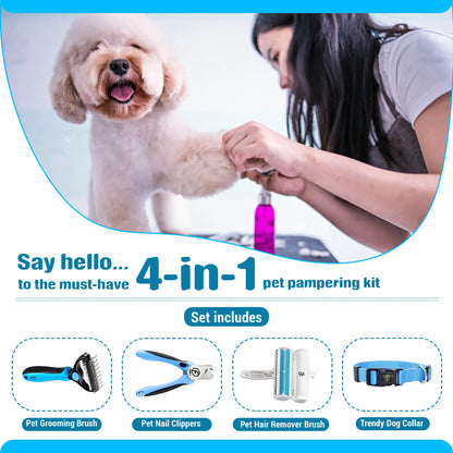 FIDEH 4-in-1 Pet Grooming Set: Reusable Hair Remover, Double-Sided Shedding Brush, Nail Clippers & Nylon Collar for Medium Dogs - Pink