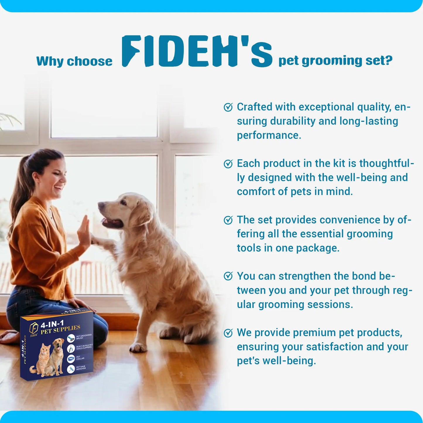 FIDEH 4-in-1 Pet Grooming Set: Reusable Hair Remover, Double-Sided Shedding Brush, Nail Clippers & Nylon Collar for Medium Dogs - Pink
