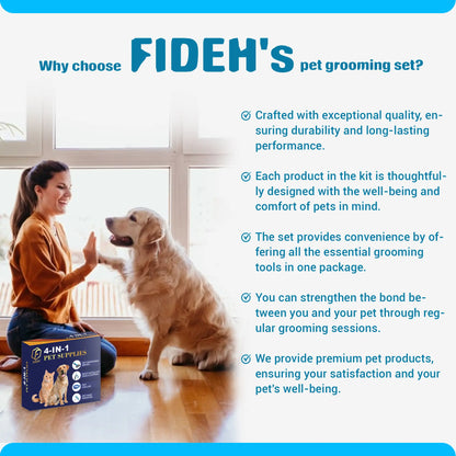 FIDEH 4-in-1 Pet Grooming Set: Reusable Hair Remover, Double-Sided Shedding Brush, Nail Clippers & Nylon Collar for Medium Dogs - Pink