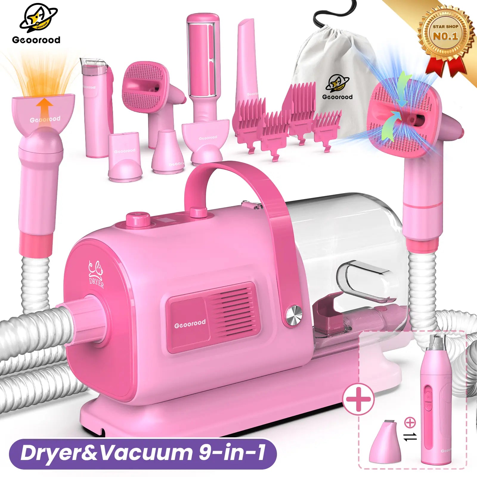 Geoorood All-In-One Dog Grooming Kit with Vacuum Brush - Powerful 13Kpa Suction, Lightweight Design, Stainless Steel Blades - Perfect for Pet Lovers!