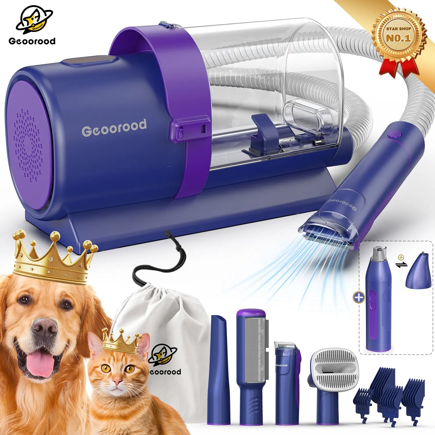 Geoorood All-In-One Dog Grooming Kit with Vacuum Brush - Powerful 13Kpa Suction, Lightweight Design, Stainless Steel Blades - Perfect for Pet Lovers!