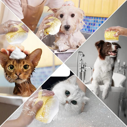 Pet Bath Massage Brush & Soap Dispenser - Silicone Shampoo Massager for Dogs & Cats