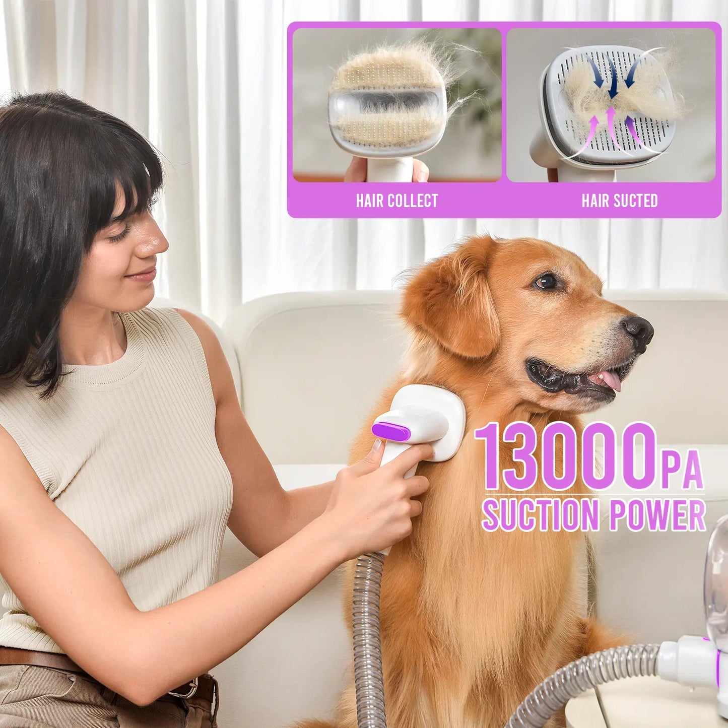 Geoorood All-In-One Dog Grooming Kit with Vacuum Brush - Powerful 13Kpa Suction, Lightweight Design, Stainless Steel Blades - Perfect for Pet Lovers!