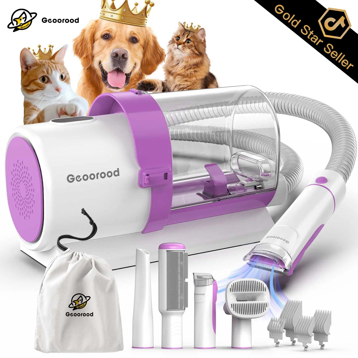 Geoorood All-In-One Dog Grooming Kit with Vacuum Brush - Powerful 13Kpa Suction, Lightweight Design, Stainless Steel Blades - Perfect for Pet Lovers!