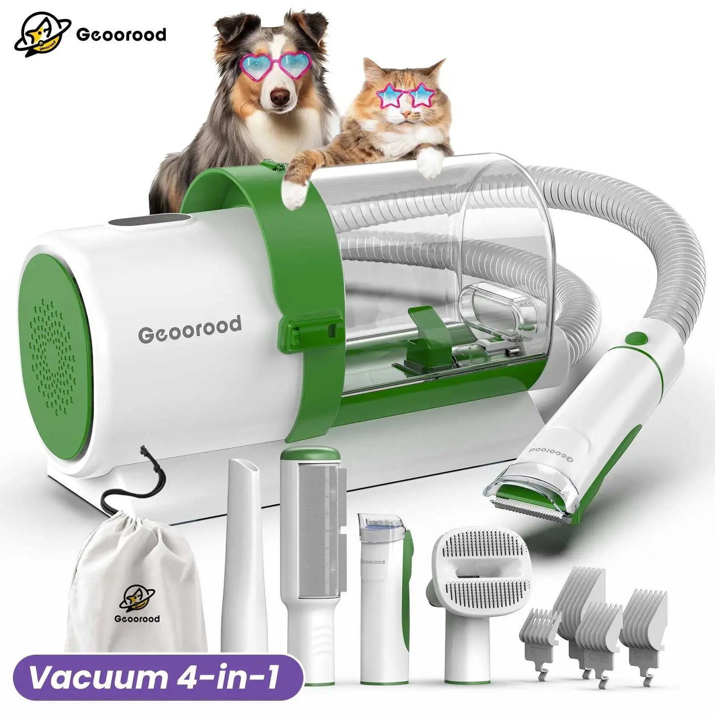 Geoorood All-In-One Dog Grooming Kit with Vacuum Brush - Powerful 13Kpa Suction, Lightweight Design, Stainless Steel Blades - Perfect for Pet Lovers!