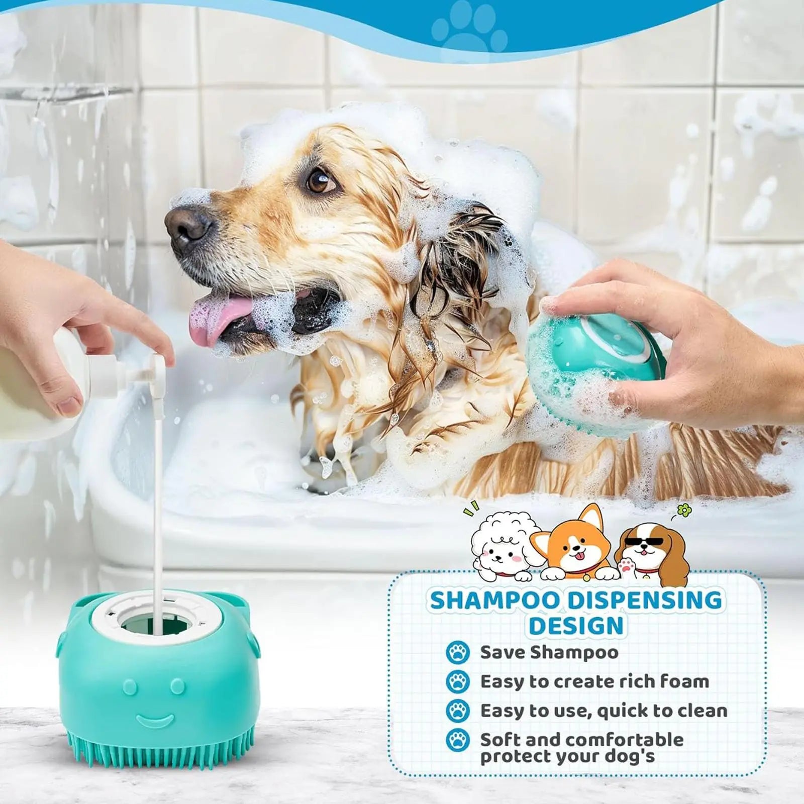 Pet Bath Massage Brush & Soap Dispenser - Silicone Shampoo Massager for Dogs & Cats