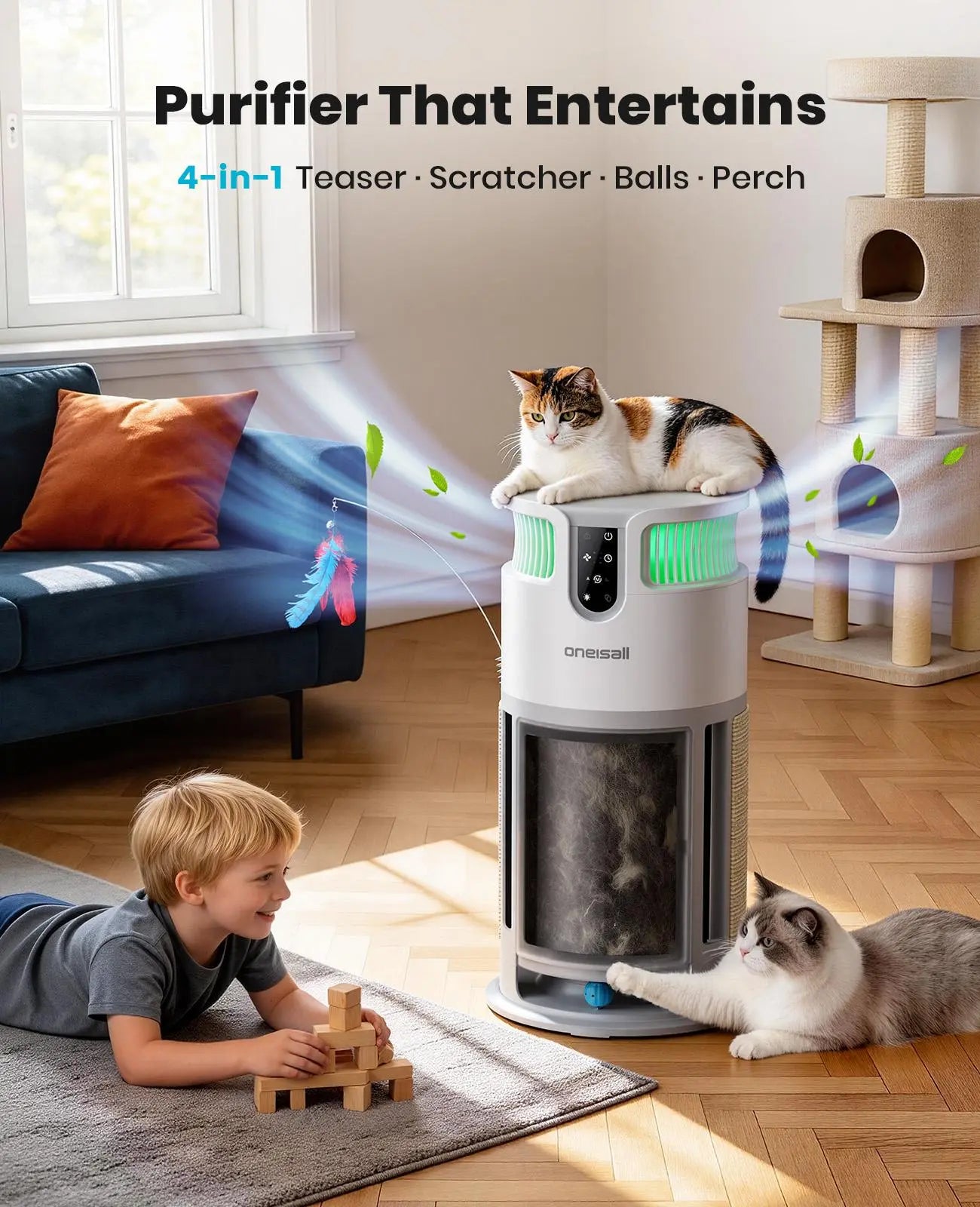 Oneisall Pet-Friendly Air Purifier - 3-in-1 HEPA Filter with Activated Carbon for Odor Removal & Allergen Relief