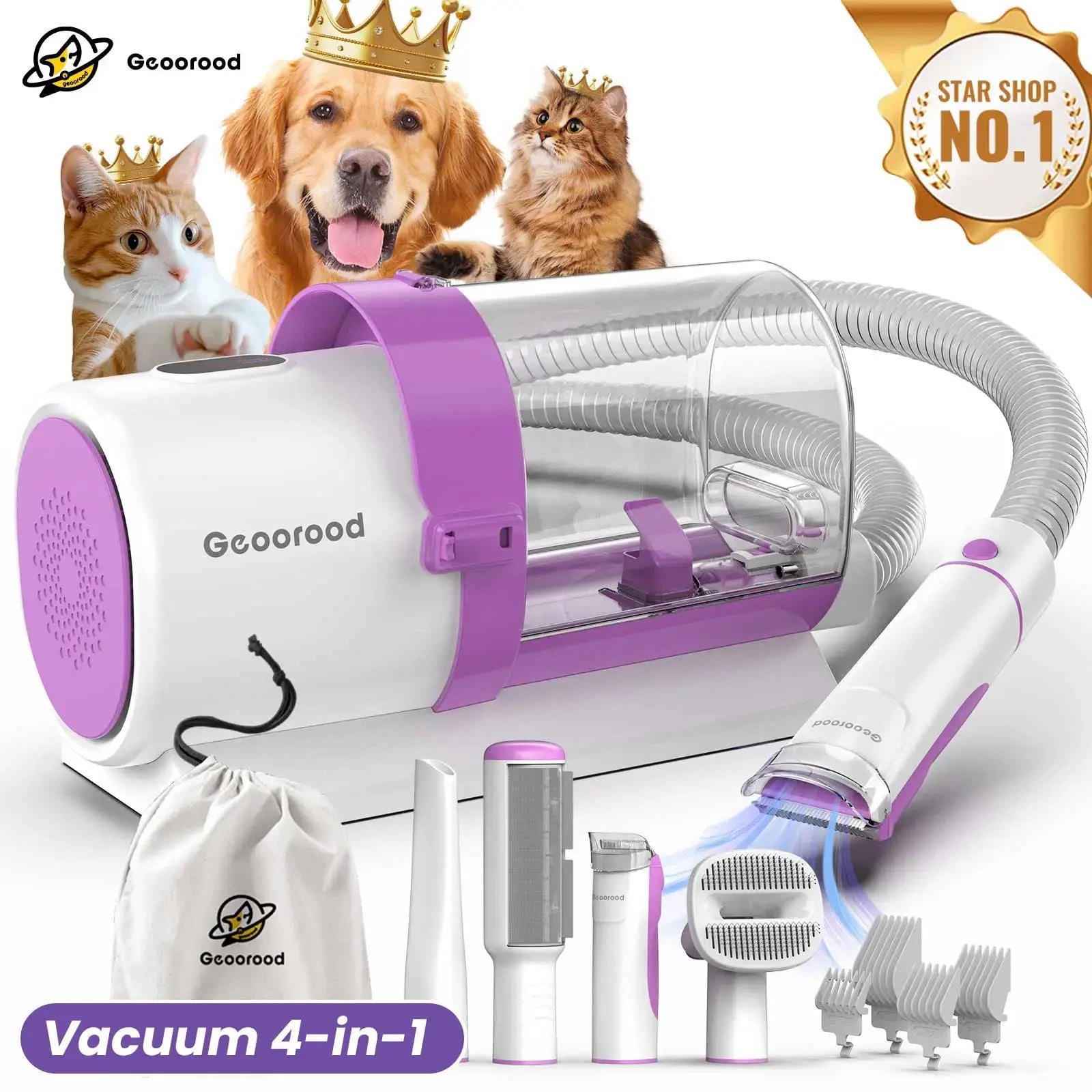 Geoorood All-In-One Dog Grooming Kit with Vacuum Brush - Powerful 13Kpa Suction, Lightweight Design, Stainless Steel Blades - Perfect for Pet Lovers!