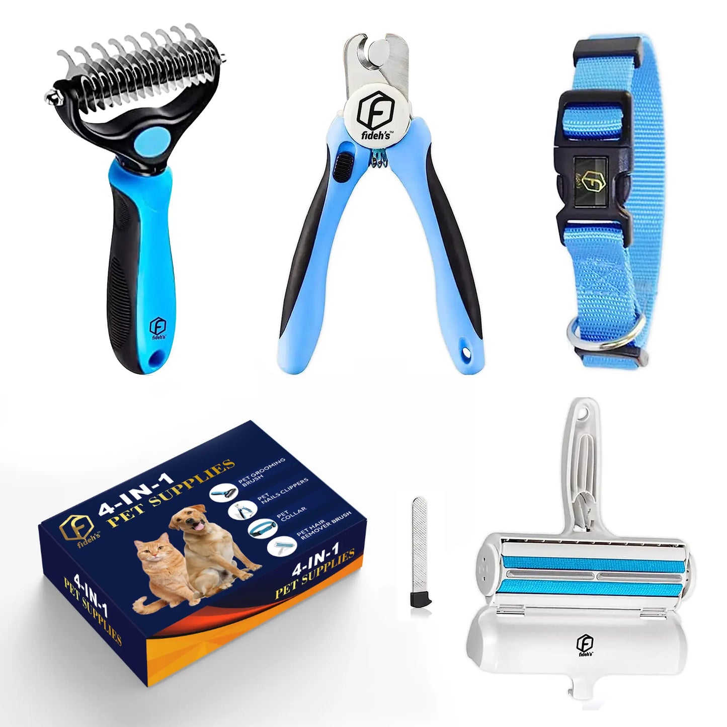 FIDEH 4-in-1 Pet Grooming Set: Reusable Hair Remover, Double-Sided Shedding Brush, Nail Clippers & Nylon Collar for Medium Dogs - Pink