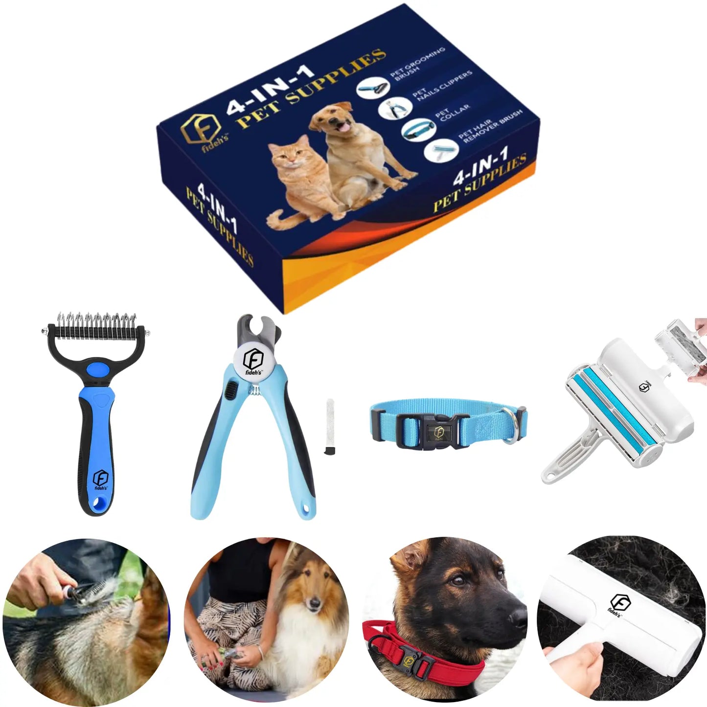 FIDEH 4-in-1 Pet Grooming Set: Reusable Hair Remover, Double-Sided Shedding Brush, Nail Clippers & Nylon Collar for Medium Dogs - Pink