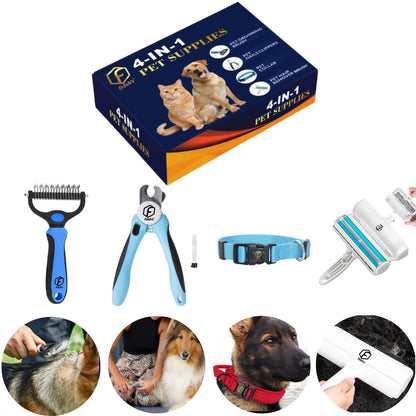 FIDEH 4-in-1 Pet Grooming Set: Reusable Hair Remover, Double-Sided Shedding Brush, Nail Clippers & Nylon Collar for Medium Dogs - Pink