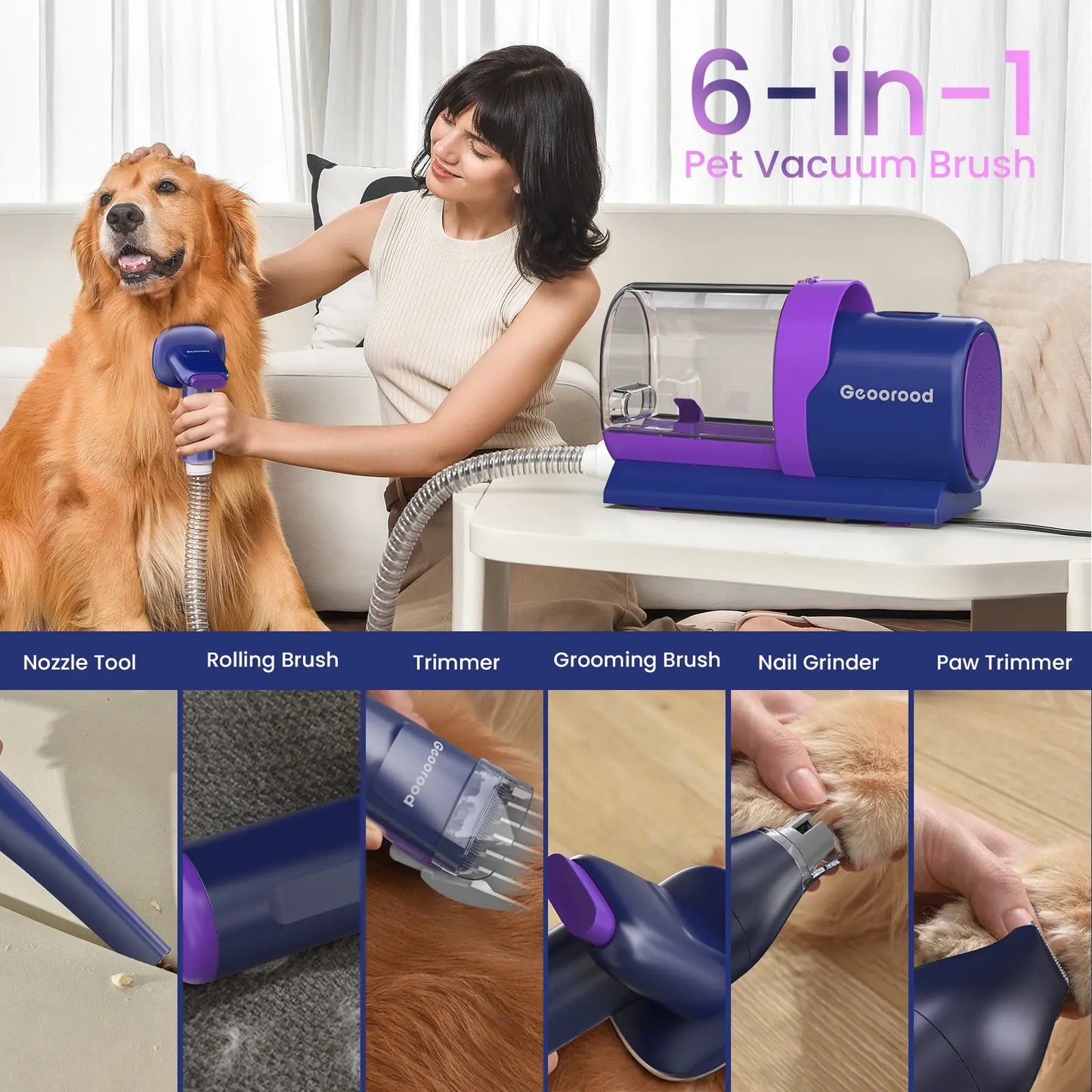 Geoorood All-In-One Dog Grooming Kit with Vacuum Brush - Powerful 13Kpa Suction, Lightweight Design, Stainless Steel Blades - Perfect for Pet Lovers!